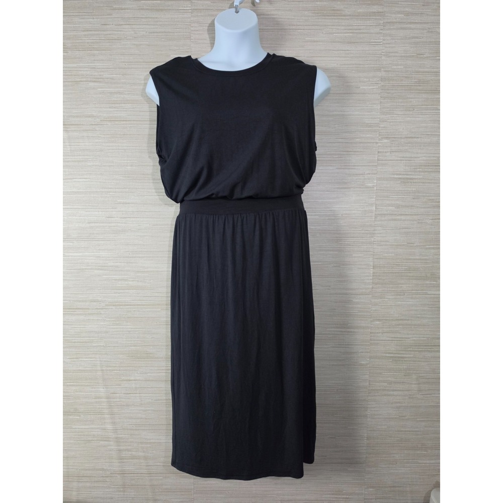 Athleta Santorini Cinch Dress Womens Large Black Sleeveless Midi Stretch Slit